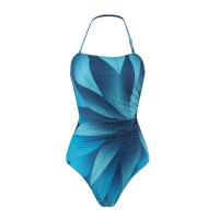 ราคา Elegant Blue Leaf Printed One Piece Swimsuit Woman 2024 Fashion High Waisted Hanging Neck Swimwear French Covered Belly Bikini (21277014990)