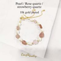 ราคา ข้อมือแฟชั่นมุกแท้ประดับหินโรส ควอสซ์ สตรอเบอรี่ ควอสซ์ สายปรับรูดฟรีไซต์ ชุบทอง18K (18403503567)
