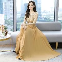 ราคา ชุดเดรสชีฟองผู้หญิงผ้าเดรสสีแดงปักยาวชุดเดรสปาร์ตี้กระโปรงบานใหญ่ (19962820814)