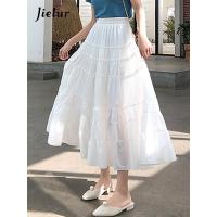 ราคา Jielur 2022 Summer Skirts Women Fashion Cute Frilly Stitching High Waist A Line Ruffle Long Midi Chiffon Skirt White Black (13597655114)