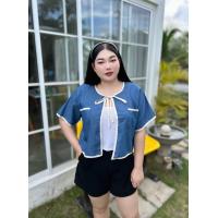 ราคา BN214 เสื้อคลุมยีนส์แขนสั้นสาวอวบ งาน2ชิ้น เสื้อคลุม สายเดี่ยว (21036597849)