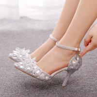 ราคา 9 cm silver hollow cusp sandals white diamond high heeled sandals bigger sizes wedding shooting high heels (18433464486)