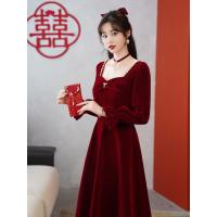ราคา ชุดยกน้ำชาแขนยาวแบบสั้นสำหรับเจ้าสาวแบบใหม่ฤดูใบไม้ผลิและฤดูใบไม้ร่วงปี2023ชุดเดรสออกงานสีแดงไวน์แดงกลับประตูสำหรับงานแต่งงานงานหมั้นออกไปข้างนอก (20415918286)