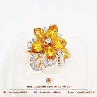ราคา แหวนพลอยบุษราคัม ประดับเพชรแท้ ดีไซน์รูปดอกไม้ ตัวเรือนทองคำแท้ 90 ขนาดแหวน 52 Yellow Sapphire Diamond Gold Ring (17062228036)