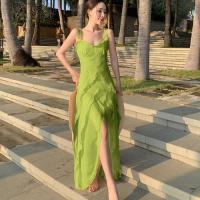 ราคา ชุดเดรสสีเขียวสวยงามดูแพงเดรสคอวีชายระบายเรียบหรูสไตล์ฝรั่งเศสเดรสสายเดี่ยวแหวกข้างลุคนางฟ้าสุด (15280432334)
