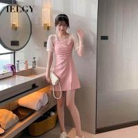 ราคา IELGY ลูกไม้ฝรั่งเศสสีอ่อนสุกเสื้อสไตล์แขนสั้นชุดสีชมพูเอวสูงสำหรับผู้หญิง (18430586345)
