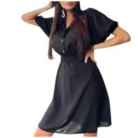 ราคา ชุดเดรสเอวแขนสั้นกระดุมคอเสื้อสูทบุรุษทรงใหญ่สีทึบแฟชั่นของผู้หญิง (20057273995)