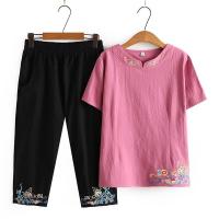 ราคา มีไซส์ใหญ่ Plus Size Womens Embroidery 2 pieces Full Cotton Summer Sets Short Sleeve Top Elastic Waist 8 10 Pants Suits Vintage Set (14087922727)