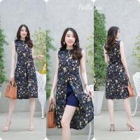 ราคา เซ็ท 2 ชิ้นลายดอก เสื้อตัวยาวแขนกุดผ้าไหมอิตาลี ซิปหลัง ผ่าหน้า กางเกงขาสั้นเอวยืด สม็อคหลัง (19726306015)