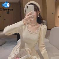 ราคา สตรีแขนยาวชุดเดรสแบบถักแฟชั่นคอเหลี่ยมสวยสง่ากระโปรงทรงเอเอวสูงสีทึบกระโปรงกึ่งสั้นกึ่งยาว (17708683751)