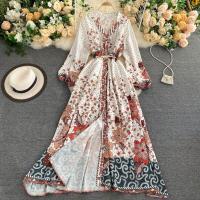 ราคา Fashion Runway Women Long Dress Elegant Summer V Neck Floral Print Holiday Beach Dress Vintage Tassel Belt Maxi Sundress (16494423634)