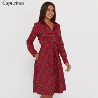 ราคา Capucines Vintage Scottish Plaid Shirt Dress Women Autumn Long Sleeve Turn down Collar Belt Button A line Casual Dresses Vestido (12739103613)