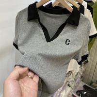 ราคา Stock Korean Style Womens Slim Letter Embroidered Polo Neck Short Sleeve Knit Top for woman Popular (20864776050)