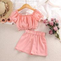 ราคา ชุดเสื้อผ้าเด็กสำหรับเด็กผู้หญิงอายุ4 7ปีสไตล์เรียบง่ายชุดสีชมพูเสื้อมีระบายเปิดไหล่เส้นเดียวคอเสื้อแขนพองชุดกางเกงขาสั้นสีชมพูหวานแหวววววว (19800478532)