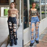 ราคา Golden Zebra Jeans กางเกงยีนส์หญิงแต่งขาดสุดแซ่บ กางเกงยีนส์เอวจีบทรงบอลลูน ขายาวกระบอกใหญ่เอวสูง (20397225207)
