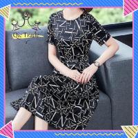 ราคา QIC Women Ice Silk Dress Loose Slim Letter Print Round Neck Pullover High Waist A line Skirt Mid length Skirt Short Sleeve Dress (20681716147)