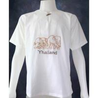 ราคา เสื้อผ้าฝ้าย ผ้าพื้นเมือง หนังกบ ปักช้าง สีขาว แขนสั้น (19145866175)