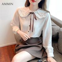 ราคา AMMIN ใหม่แขนยาวอเนกประสงค์บางคอตุ๊กตาลูกไม้เสื้อชีฟองแฟชั่นเกาหลีหรูหราอเนกประสงค์โบว์ผูกลูกไม้เสื้อชีฟองลำลองสำนักงานท็อปส์ (15922980983)