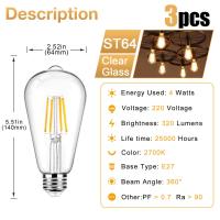 ราคา 3แพ็ค E27หลอดไฟเอดิสัน LED วินเทจ4W ST64สไตล์กระจกโบราณหลอดไฟไส้ LED หรี่แสงได้หลอดไฟสีขาว40W เทียบเท่า90 แสงประหยัดพลังงาน (19807088841)
