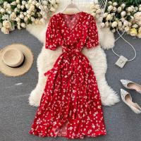 ราคา Puff Sleeve Floral Dress Women Korean V neck High Waist Slim Casual Midi Dresses (13557235757)