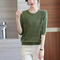 ราคา เสื้อยืดแขนสามส่วนของผู้หญิงเสื้อสเวตเตอร์ถักมีรูสำหรับเสื้อเชิ้ตตัวเล็กเสื้อลำลองใหม่ (20386464195)