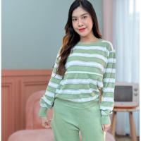 ราคา Mamong L501 ชุดเซตไหมพรมเสื้อแขนยาวลายริ้วใหญ่ กางเกงขายาวสีพื้น (21047274661)