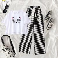 ราคา GG เสื้อผ้าเด็ก เหมาะสำหรับเด็กอายุ 8 12 ปี ชุดเสื้อยืดแขนสั้น กางเกงลำลองสำหรับเด็กผู้หญิง ชุดกางเกงขากว้างลายทางสำหรับเด็ก (21215162589)