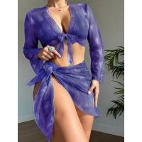 ราคา 4pcs set Green Purple Swimsuit Sets Allover Print Transparent Mesh Fabrics Long Sleeve Bikini Cover Up Mini Skirt for Woman Four pieces Lace Up Triangle Beachwear (20155938547)