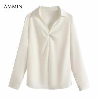 ราคา AMMIN เสื้อเชิ้ตผ้าชีฟองคอวีแต่งระบายแบบเรียบง่ายสำหรับฤดูใบไม้ร่วงเสื้อเชิ้ตผ้าซาตินคอวีกระดุมแถวเดียวแขนยาวเสื้อฉบับภาษาเกาหลีสำหรับผู้หญิงผ้าชีฟองเนื้อบาง (21034140391)