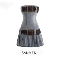 ราคา SANMEN กระโปรงยีนส์ย้อนยุคอเมริกัน เดรสผ้ายีนส์ท่อนบนแบบเก่า กระโปรงจีบเอวใหม่ กระโปรงสั้น เดรส (20466575641)