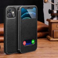 ราคา Genuine Leather case for iphone 12 pro max case luxury window flip cover for iphone 13 mini case xr xs max 11 pro max book cover (11193036653)