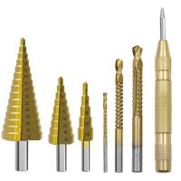 ราคา คุณภาพสูง 7PCS HSS Step Drill Bit Set Straight Fluted Titanium Coated Taper Hole Knife Automatic Center Punch Spiral Twist Saw Bit (16729344214)