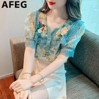 ราคา AFEG เสื้อแฟชั่นคอวีสำหรับผู้หญิงเสื้อลูกไม้แขนสั้นผ้าชีฟองพิมพ์ลายอารมณ์ทรงหลวมสไตล์เกาหลีแบบใหม่ (17608573827)