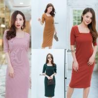 ราคา พร้อมส่ง เดรสคอเหลี่ยม ผ้าร่อง งานป้าย LADRESS (7500786457)