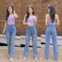ราคา กางเกงยีนส์แต่งขาดผู้หญิง ส่งเร็ว กางเกงยีนส์ผู้หญิง ทรงกระบอก เอวสูง ฟอกขาด สีอ่อน (21050469828)