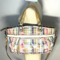 ราคา กระเป๋า COACH แท้ ผ้าลาย Signature Madras มีสายยาว มีตำหนิที่สาย ลดราคาขาดทุน Clearance COACH 19617 Poppy Madras Rocker Crossbody Sequin Plaid Large Satchel Clearance (20941704324)