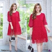 ราคา TW8414 เดรส สาวอวบ ลูกไม้แขนชีฟอง (1996774295)