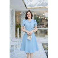 ราคา V259ชุดเดรสผ้าทอลาย แต่งกั๊กติดโบว์ แขนกลีบบัว กระโปรงบานทรงย้วย (20940645550)