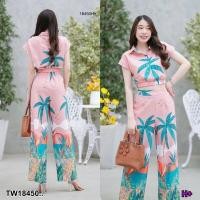 ราคา B18450 set 2 ชิ้น เสื้อครอปปกเชิ้ต ลายต้นมะพร้าว กางเกงขาายาวลายต้นมะพร้าว set 2 pieces crop top shirt Coconut tree pattern long pants with coconut tree pattern (18421745749)