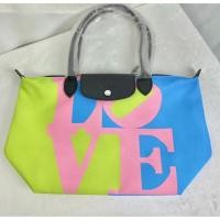 ราคา 100 Genuine longchamp Le Pliage x Robert Indiana Shopping bag M size Canvas Womens shoulder bag handbag L2605BBI018 Pink color (21073335817)