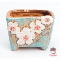 ราคา กระถางดินเผาเคลือบสี ลายดอกไม้พื้นฟ้า กระถางต้นไม้ ไม้อวบน้ำ กุหลาบหิน cactus succulentหลากหลายสายพันธ์ (5207156646)