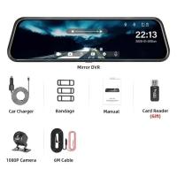 ราคา กล้องสำหรับรถยนต์หน้าจอสัมผัสเครื่องบันทึกวีดีโอกระจกมองหลัง Dash Cam ด้านหน้าและด้านหลังกระจกกล้อง DVR Black Box (21170795749)