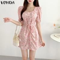 ราคา VONDA ชุดกระโปรงแบบสั้นมินิทรงเอแขนสั้นมีเชือกผูกคอสี่เหลี่ยมแฟชั่นสำหรับผู้หญิง ลายดอกไม้เกาหลี (20707010825)