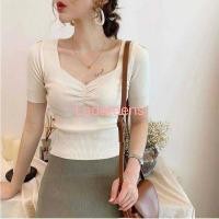 ราคา Ladateens shop พร้อมส่ง เสื้อครอปไหมพรมคอเหลี่ยม รอยเย็บตรงหน้าอก แขนสั้น A058 (15508652495)