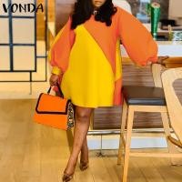 ราคา VONDA สีส้มชุดเดรส Midi สำหรับผู้หญิงสไตล์แฟชั่นแขนพอง ขนาดใหญ่พิเศษ (14275183029)