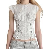 ราคา เสื้อยืดผู้หญิงสวยกระดุมหน้าเสื้อยืดคอกลมที่ปิดแขนไขว้ผูกเชือกเสื้อตัดขอบด้านหน้า (20964867468)