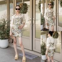 ราคา พร้อมส่ง ชุดเช้าเซท 3 ชิ้น เสื้อเชิ้ตเแขนยาว เสื้อเชิ้ตสีขาว สายเดี่ยวผ้าทอลายดอก กระโปรงลายดอกทรงเอ งานป้ายvshop (18008505276)