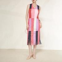 ราคา Aiden001 Average Size Sleeveless V Neck Dress Womens Tassel Contrast Color Striped Pleated Sundress YP 8205 (18412145162)