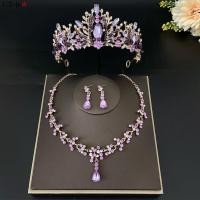 ราคา The Panda Jewelry Set Three Piece Bridal Purple Crown Necklace Earrings Bridal Dress Accessory Inlaid with Rhinestones Glittering Eardrops Decoration Headwear Necklaces Wedding (17124937209)