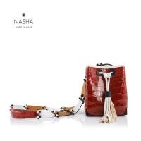 ราคา NASHA MADE IN MARS Elva Ruby Croc กระเป๋าสะพายทรงถังหนังจระเข้สีแดง (1977274879)